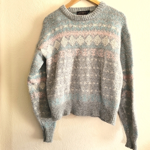 Eddie Bauer Sweaters - Eddie Bauer, Vintage Sweater, Grey/Taupe/Light Pink/Cream/ Light Blue,Size Large